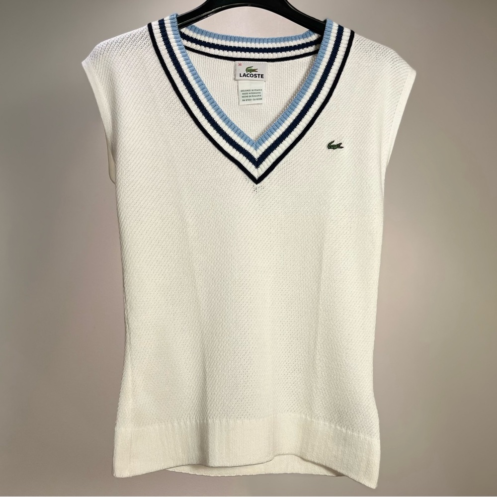 Lacoste Sleeveless V-Neck Sweater Vest Size S White Navy Light Blue Preppy Knit